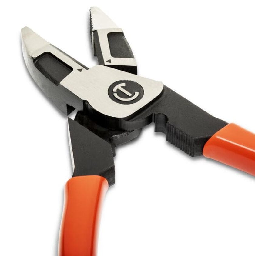 Pair of combination pliers with orange handles and a metallic head featuring textured jaws and a cutting edge. The tool includes a stylized "C" logo, indicating the Crescent brand, and is designed for gripping and cutting tasks.