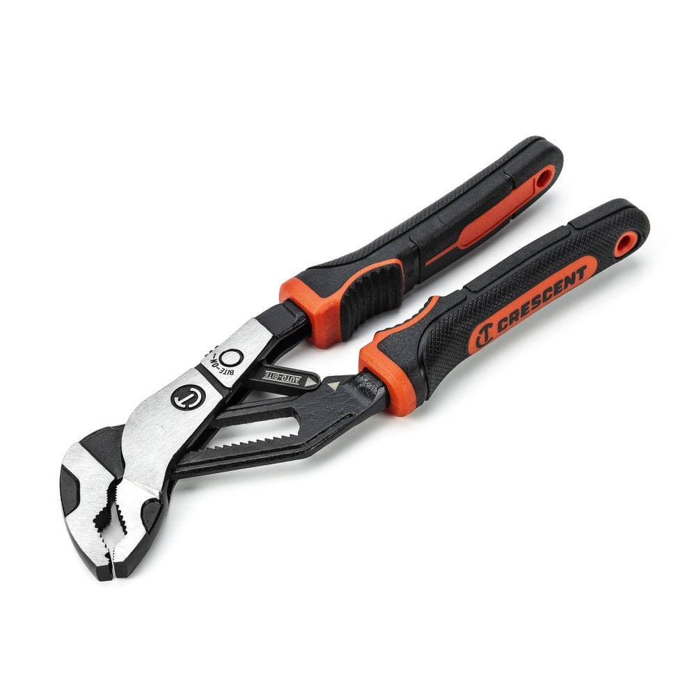 A horizontal studio product photograph of the Crescent Z2 Auto-Bite 6-inch tongue and groove pliers, showcasing the black alloy steel jaws, silver-finished pivot joint, automatic adjust lever, and the black and orange dual-material comfort grips against a white background.