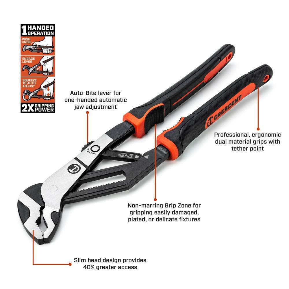 An e-commerce product graphic of the 6" Auto-Bite tongue and groove pliers featuring multiple informational text callouts pointing to its automatic jaw adjustment lever, non-marring grip zone for delicate fixtures, slim head design for 40% greater access, and ergonomic dual-material handles with tether points.