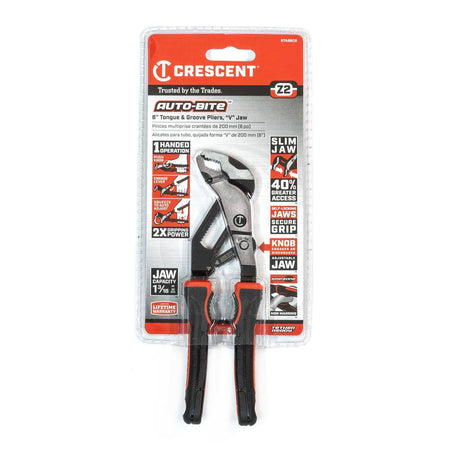 A retail packaging view of the Crescent Z2 Auto-Bite 6" tongue and groove pliers enclosed in its clear factory blister card, highlighting key feature graphics such as its 1-1/4 inch jaw capacity, lifetime warranty, and one-handed operation mode.