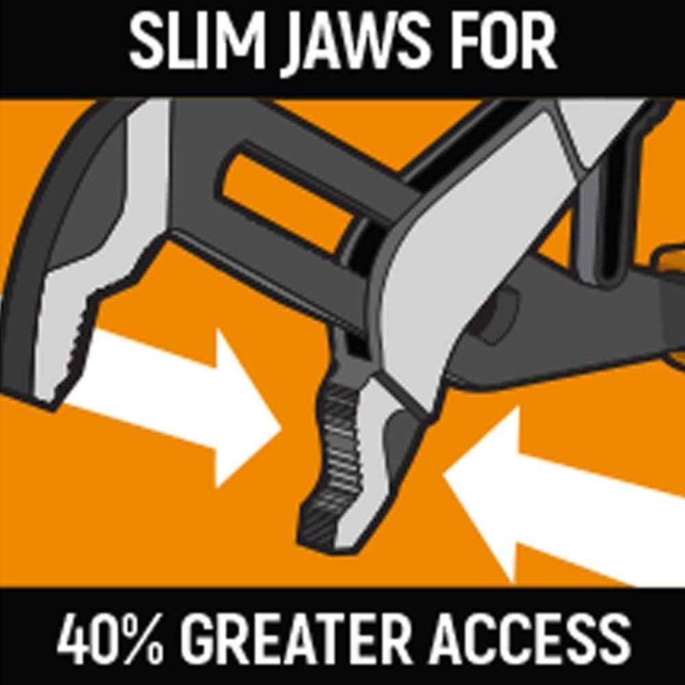 An e-commerce vector graphic close-up illustrating the slim structural profile of the open V-jaw head mechanism with white directional arrows, accented by a black and orange background reading Slim Jaws For 40% Greater Access.