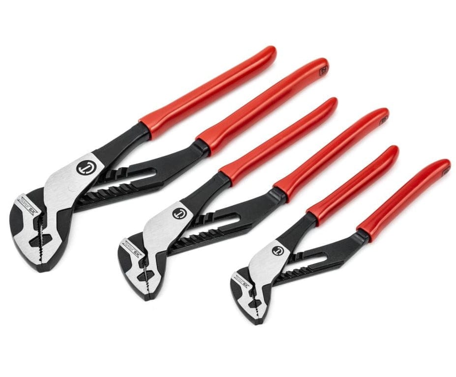 Set of four adjustable groove joint pliers with red handles arranged by size. Each tool features a black and silver head with wide jaw openings, used for gripping pipes and fittings in plumbing or mechanical work