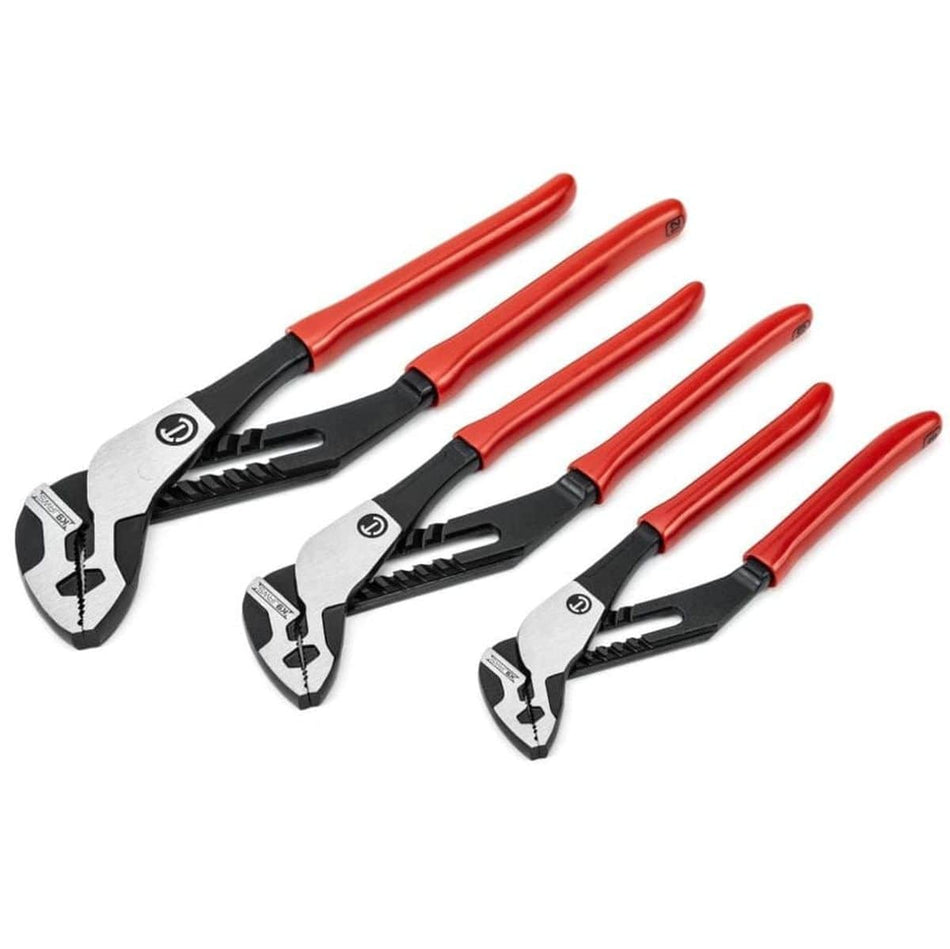 Set of four adjustable groove joint pliers with red handles arranged by size. Each tool features a black and silver head with wide jaw openings, used for gripping pipes and fittings in plumbing or mechanical work