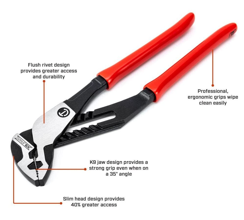 Crescent adjustable pliers with red handles shown with labeled features including flush rivet, ergonomic grips, K9 angled jaws, and slim head design. The image highlights tool engineering for access and durability.