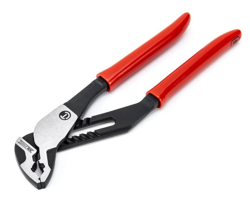 Crescent adjustable pliers with red handles shown with labeled features including flush rivet, ergonomic grips, K9 angled jaws, and slim head design. The image highlights tool engineering for access and durability.