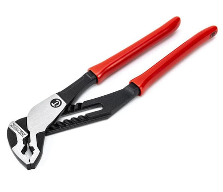adjustable pliers with red handles and black-silver jaws featuring multiple gripping surfaces. The pivoting design allows for versatile jaw width settings, used for gripping and turning components.