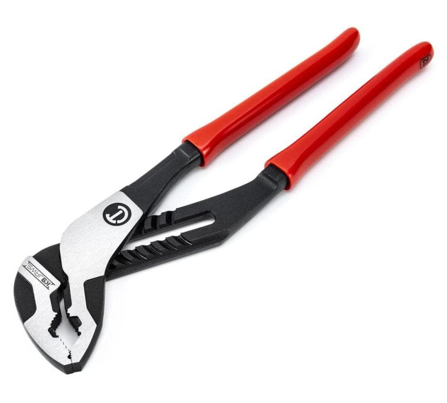 groove joint pliers with red handles and curved serrated jaws. The adjustable pivot mechanism supports gripping round objects like pipes, ideal for plumbing and mechanical applications.
