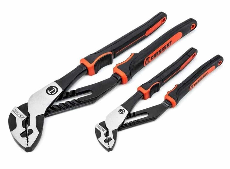 Set of three Crescent tongue-and-groove pliers arranged by size, featuring black and silver jaws with black and orange rubberized handles. Designed for gripping and turning pipes or fasteners in mechanical or plumbing work.