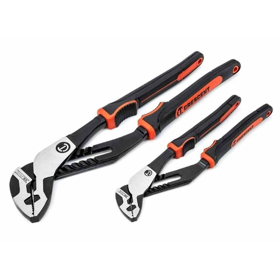 Set of three Crescent tongue-and-groove pliers arranged by size, featuring black and silver jaws with black and orange rubberized handles. Designed for gripping and turning pipes or fasteners in mechanical or plumbing work.