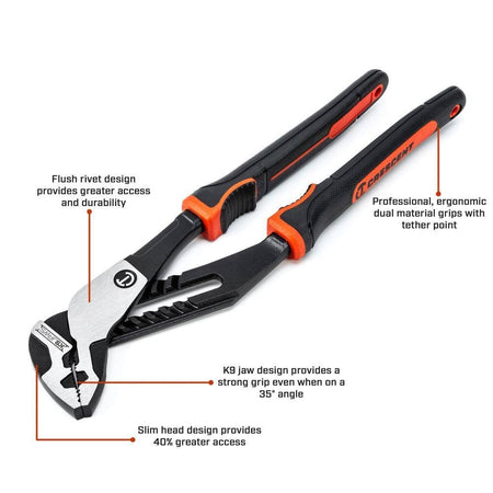 Crescent adjustable pliers shown with annotated features including flush rivet design, K9 angled jaws, slim head profile, and dual-material ergonomic grips. The image highlights engineering and grip enhancements.