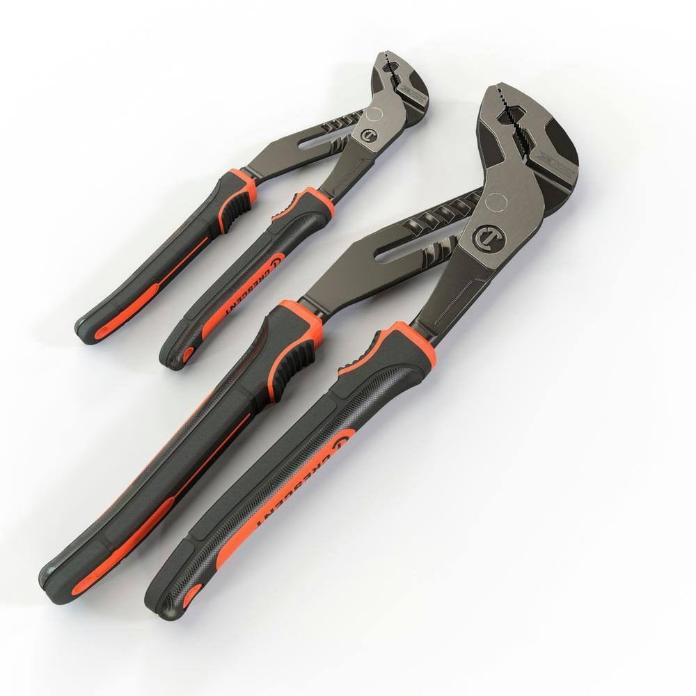 Two groove joint pliers with black and red handles laid side by side on a white background. Each tool features curved jaws and multiple adjustment grooves for gripping various pipe and fitting sizes