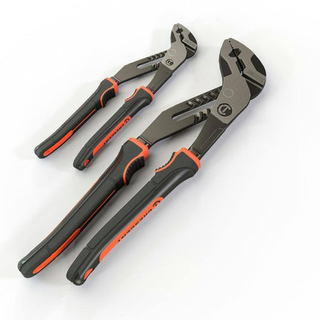 Two groove joint pliers with black and red handles laid side by side on a white background. Each tool features curved jaws and multiple adjustment grooves for gripping various pipe and fitting sizes