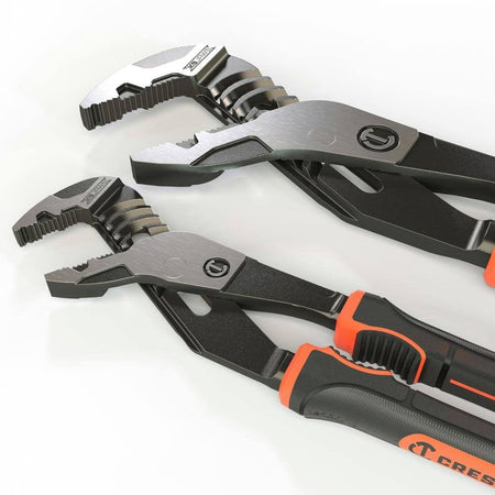 Two Crescent adjustable pipe wrenches with serrated jaws and orange-black rubber grips. The compound jaw design and ergonomic handles support high-torque applications in plumbing or mechanical tasks.