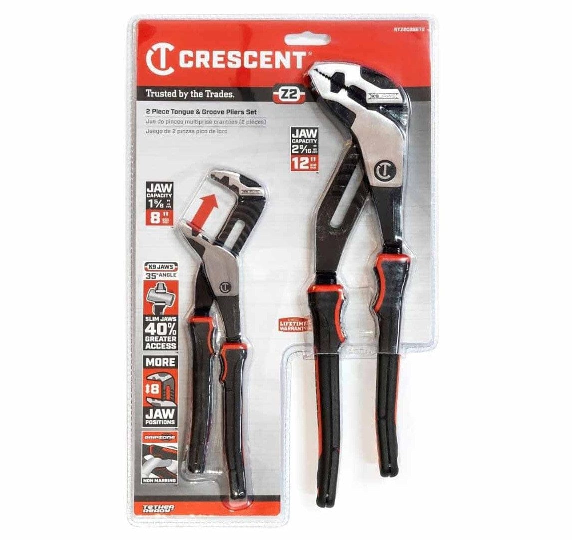 Retail packaging of Crescent Z2 K9 plier set showing 8-inch and 12-inch tongue and groove pliers. Packaging highlights features like angled jaws, increased access, and lifetime warranty, with orange and black branding.