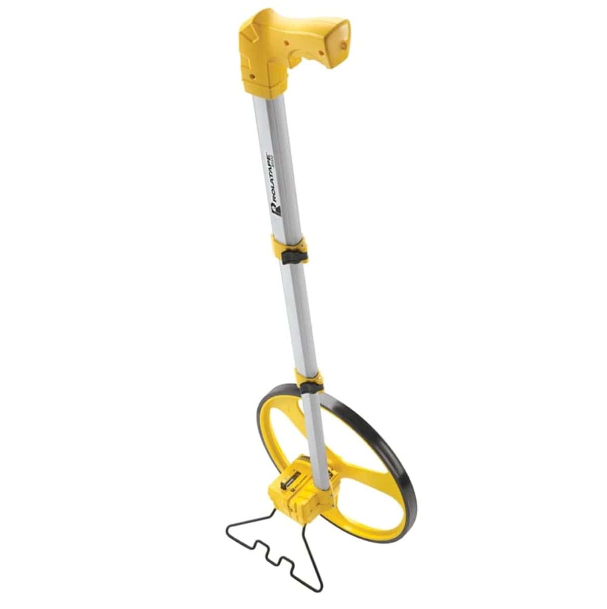 A front-angle view of the Cst/Berger RT312 measuring wheel, showing the yellow spoked wheel, the counter, the telescopic handle, and the black metal kickstand deployed to keep it standing upright.