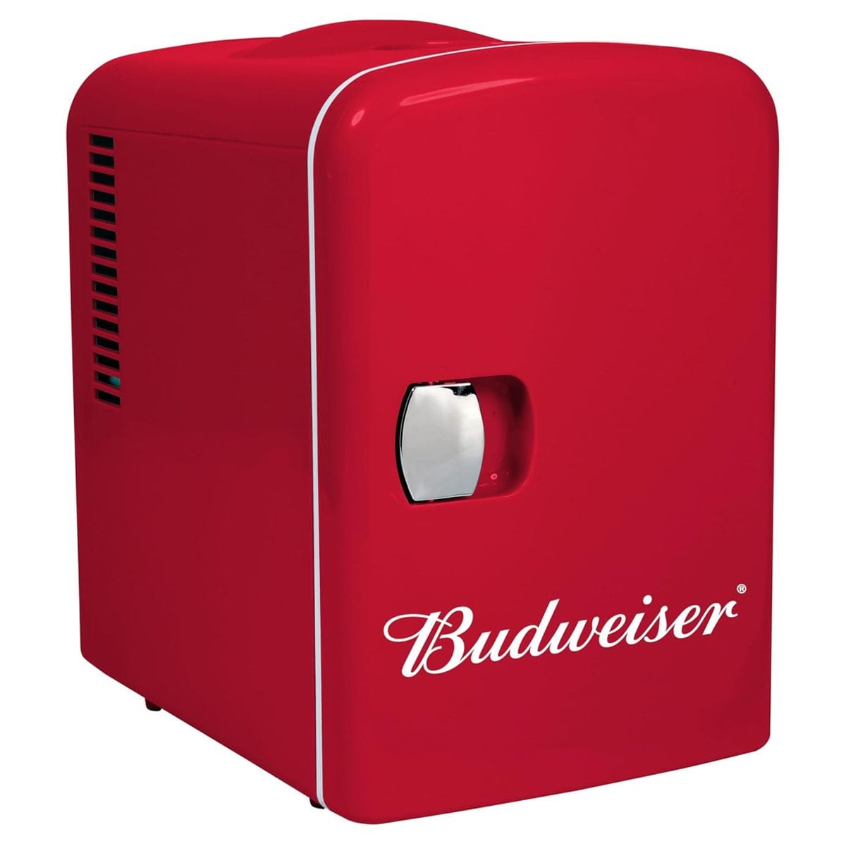 Curtis Budweiser MIS135BUD red 4-liter portable mini personal fridge cooler featuring a chrome latch and Budweiser logo.