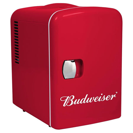 Curtis Budweiser MIS135BUD red 4-liter portable mini personal fridge cooler featuring a chrome latch and Budweiser logo.