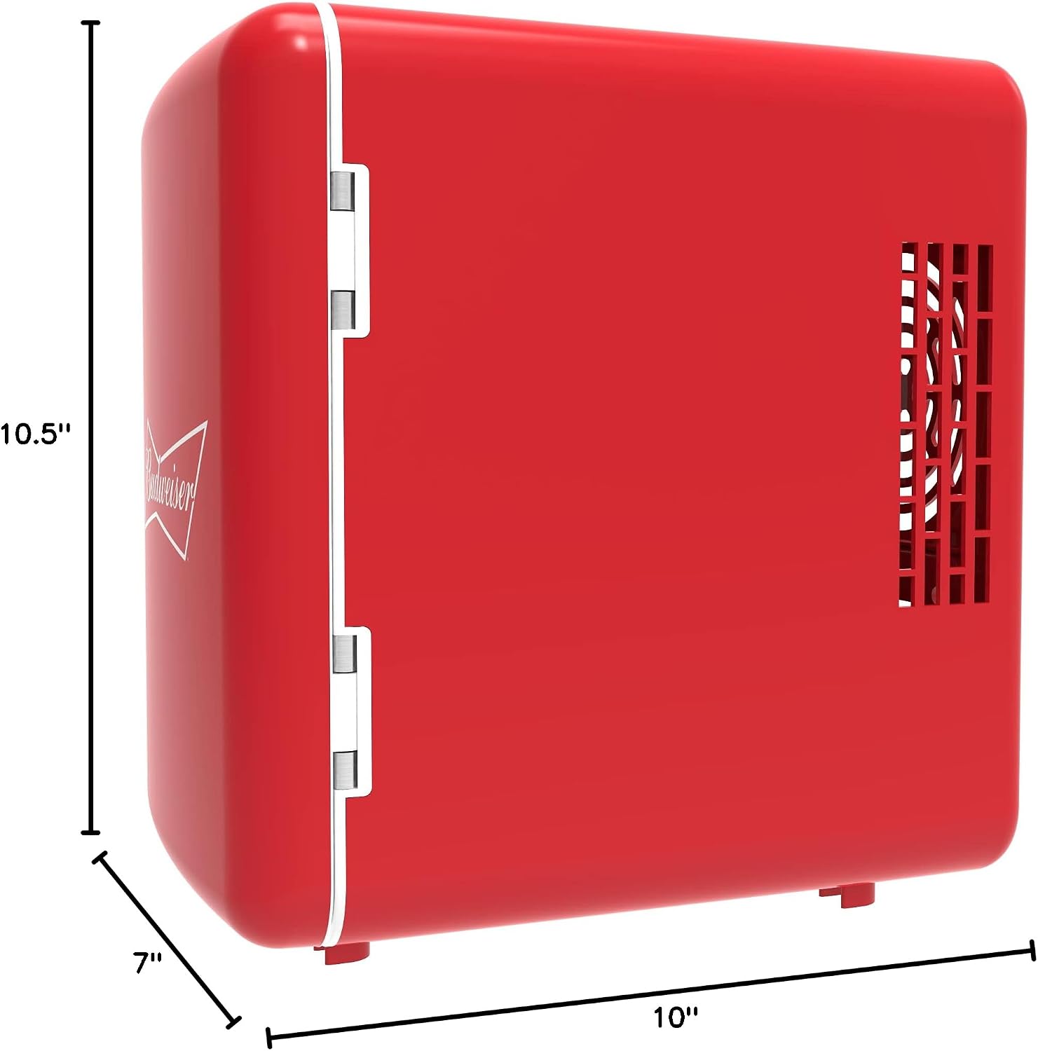Curtis Budweiser MIS135BUD 4-liter mini fridge side view showing compact exterior dimensions of 10.5 inches high, 10 inches deep, and 7 inches wide.