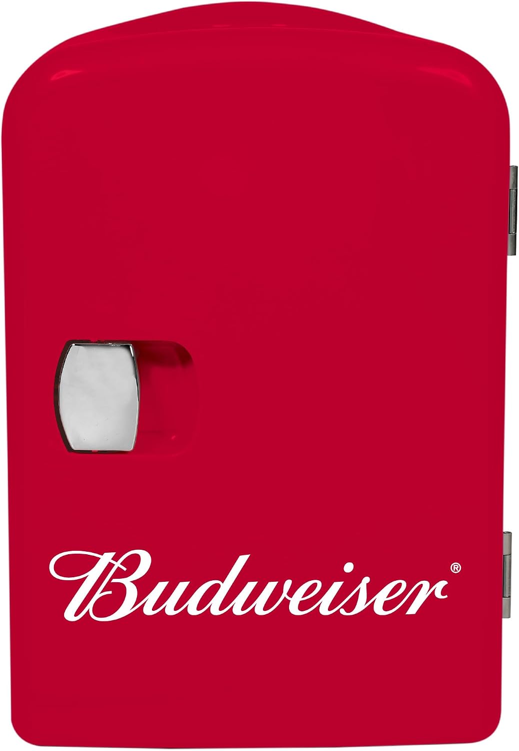 Front view of the red Curtis Budweiser MIS135BUD mini fridge displaying the chrome latch door handle and Budweiser logo.