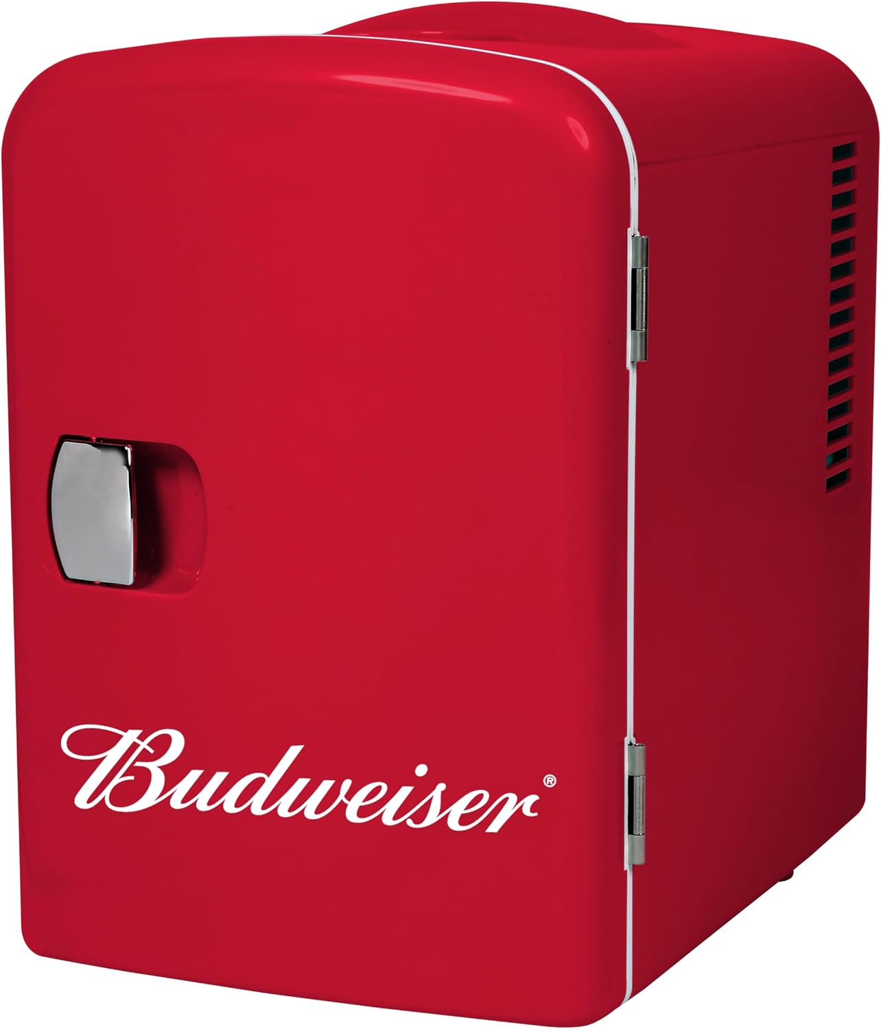 Angled front view of the red Curtis Budweiser MIS135BUD 4-liter portable mini cooler with silver door hinges and side ventilation slots.