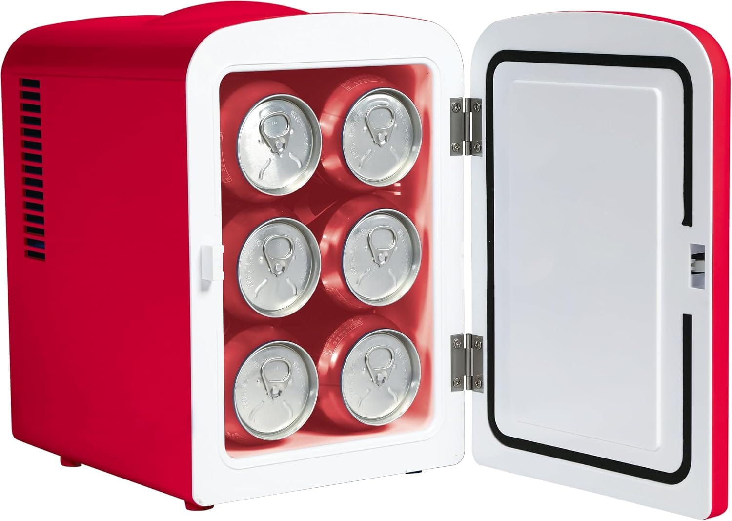 Open view of the Curtis Budweiser MIS135BUD mini fridge showing 4-liter interior capacity holding six standard 12-ounce beverage cans.