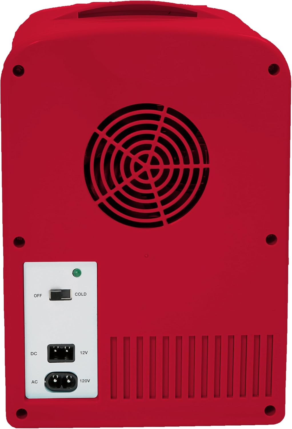 Rear control panel of the Curtis Budweiser MIS135BUD mini fridge displaying off and cold power switch with 12V DC and 120V AC cord ports.