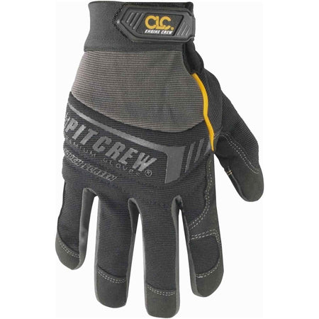 Pair of black and gray Custom Leathercraft (CLC) Engine Crew gloves, laid side-by-side, with the back of one glove and the palm of the other glove facing up.
