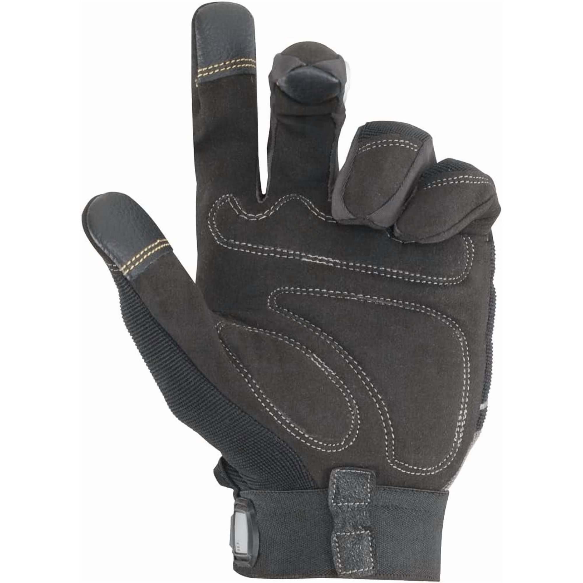Palm side of a black and gray Custom Leathercraft (CLC) work glove showing the synthetic leather palm patches and stitching, with the index finger extended and the thumb and middle finger showing touchscreen tips.
