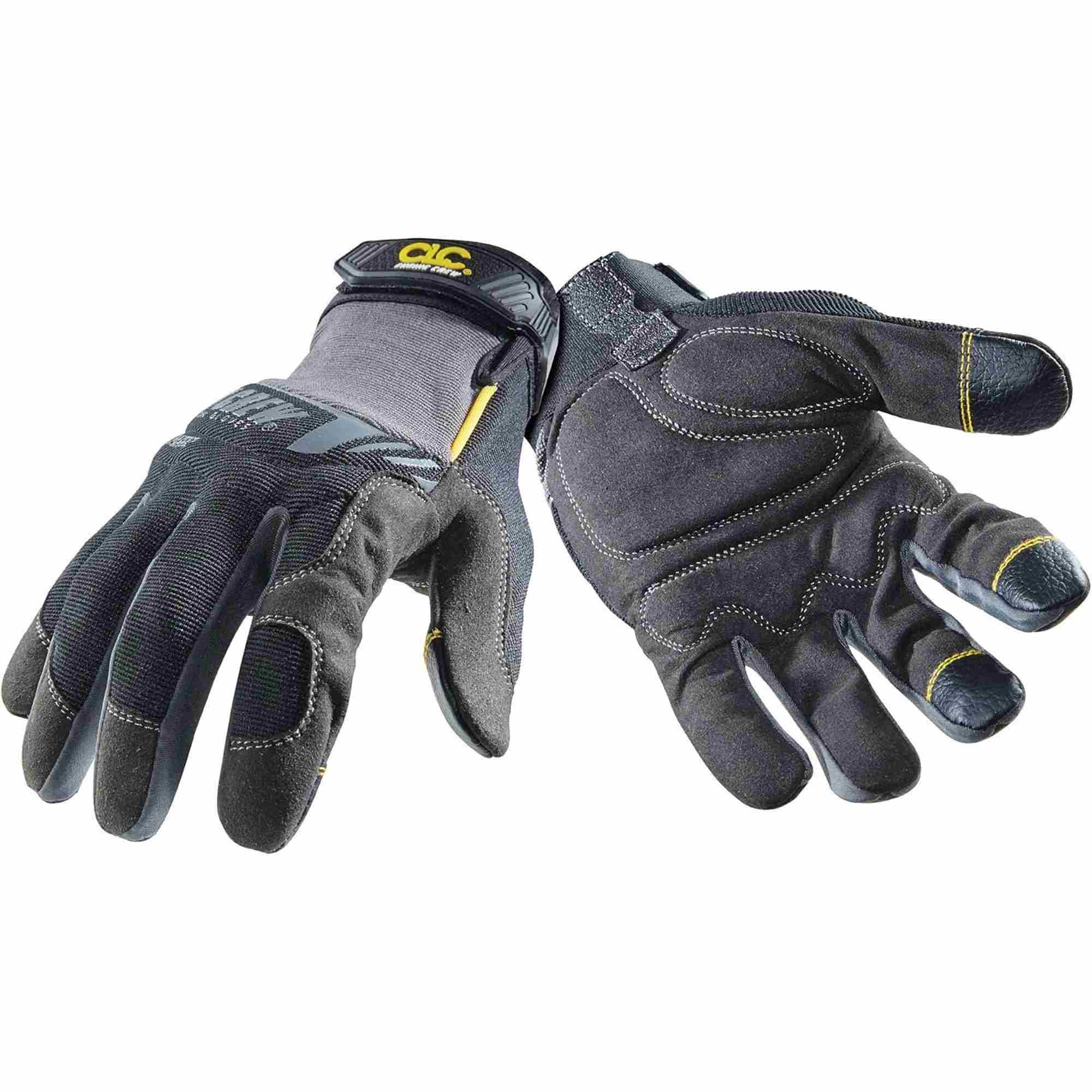 Back side of the black and gray Custom Leathercraft (CLC) Engine Crew work glove, showing the gray spandex knuckle area, yellow accent trim, and the adjustable wrist strap with the CLC logo.
