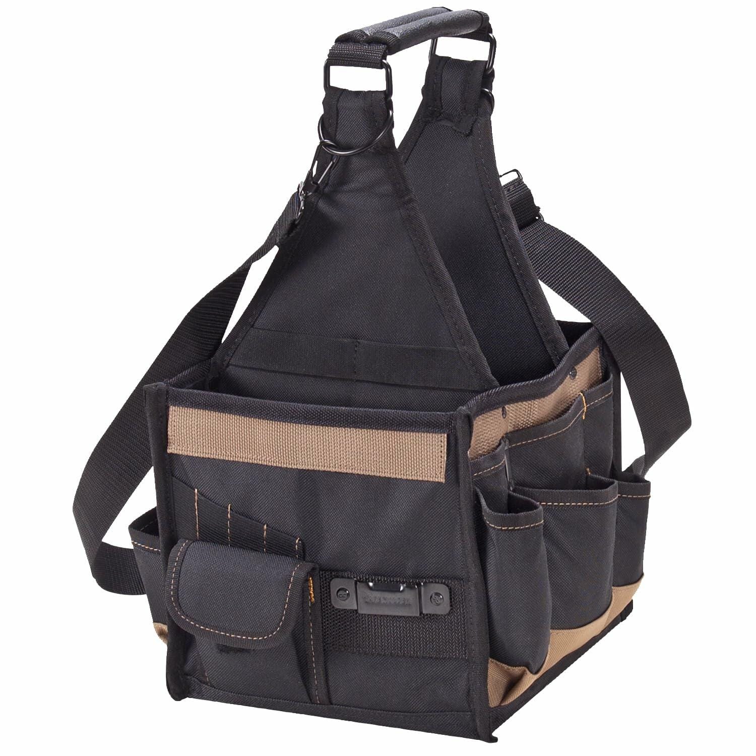 The Custom Leathercraft 25-pocket tool carrier bag viewed from an angle, empty and showing the reinforced box-shaped bottom and the metal clip for accessories.