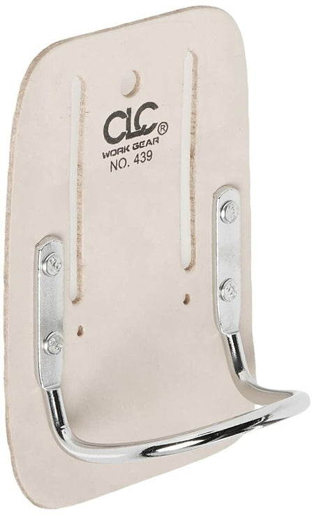 Angled view of the CLC 439 heavy-duty leather hammer holder, emphasizing the shape of the steel loop and the natural color of the top grain leather.