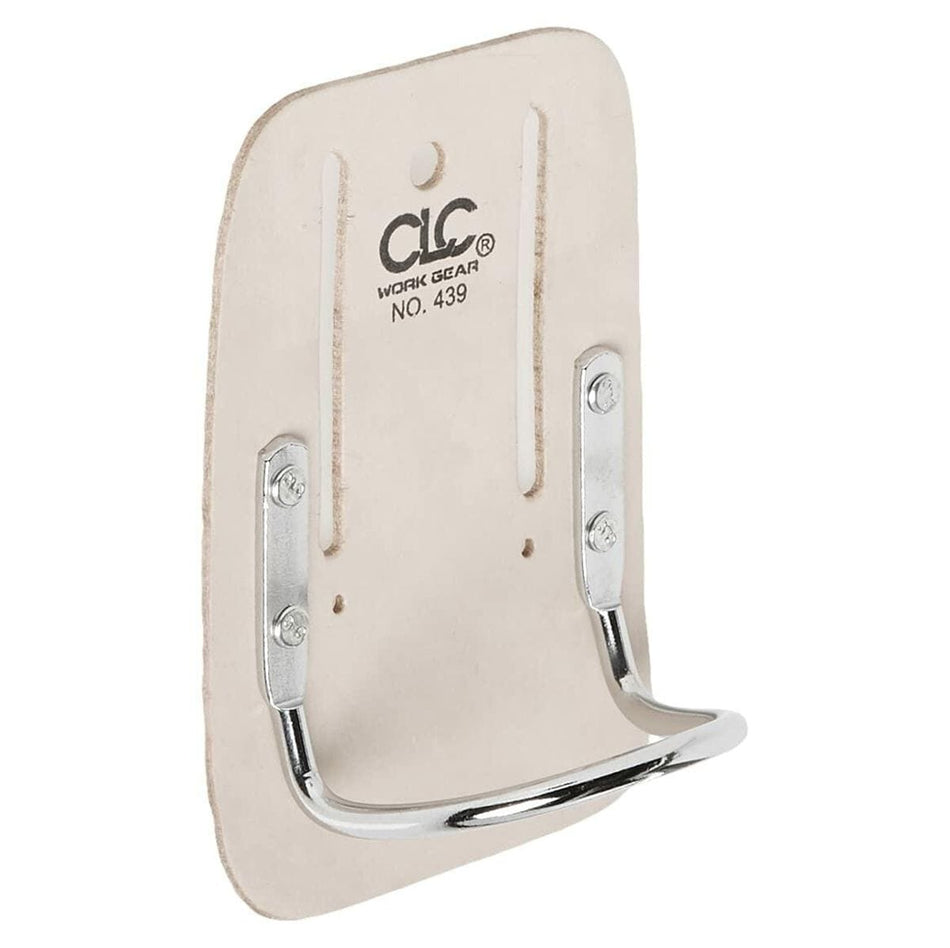 Angled view of the CLC 439 heavy-duty leather hammer holder, emphasizing the shape of the steel loop and the natural color of the top grain leather.