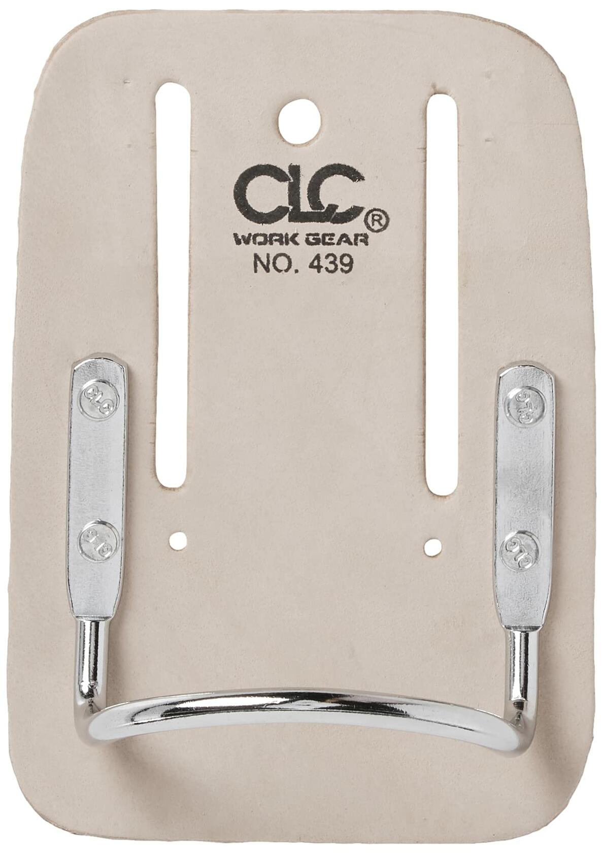 Close-up, face-on view of the CLC 439 hammer holder, showing the chrome-plated steel cradle loop riveted to the leather backer.