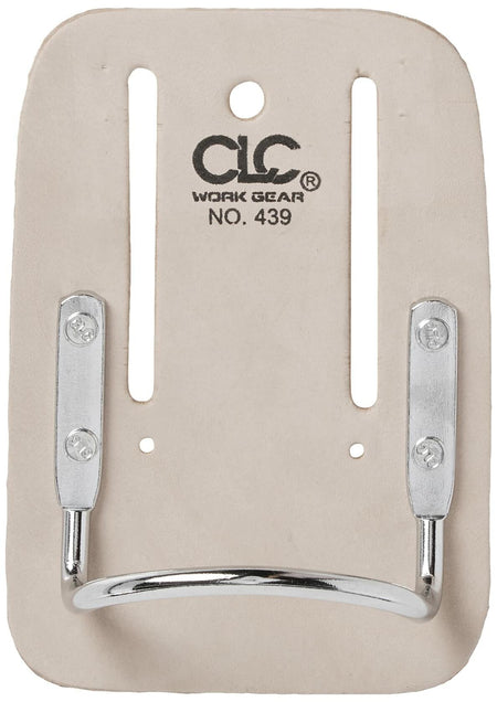 Close-up, face-on view of the CLC 439 hammer holder, showing the chrome-plated steel cradle loop riveted to the leather backer.