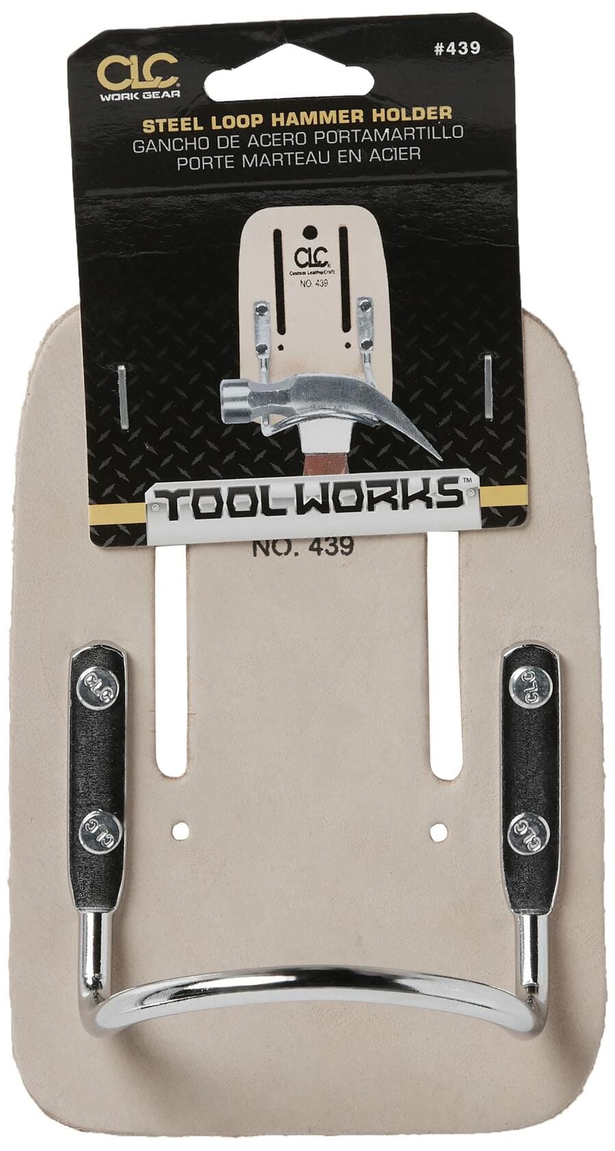 Front view of the hammer holder with its cardboard packaging, showing an illustration of a hammer being inserted into the steel loop.