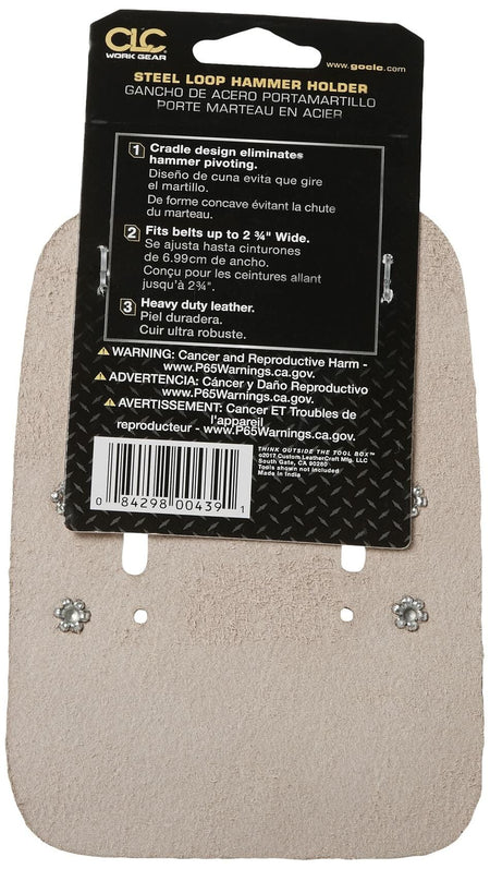 Back view of the hammer holder in retail packaging, showing feature callouts for the cradle design, belt width, and heavy-duty leather.
