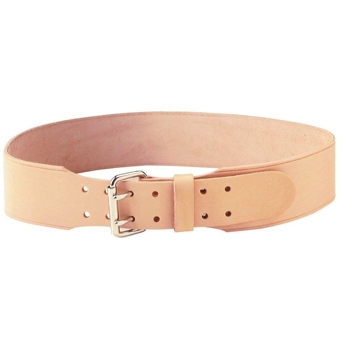 A Custom Leathercraft 962L tan top-grain leather work belt, showing the tapered front comfort design and steel double-tongue roller buckle.