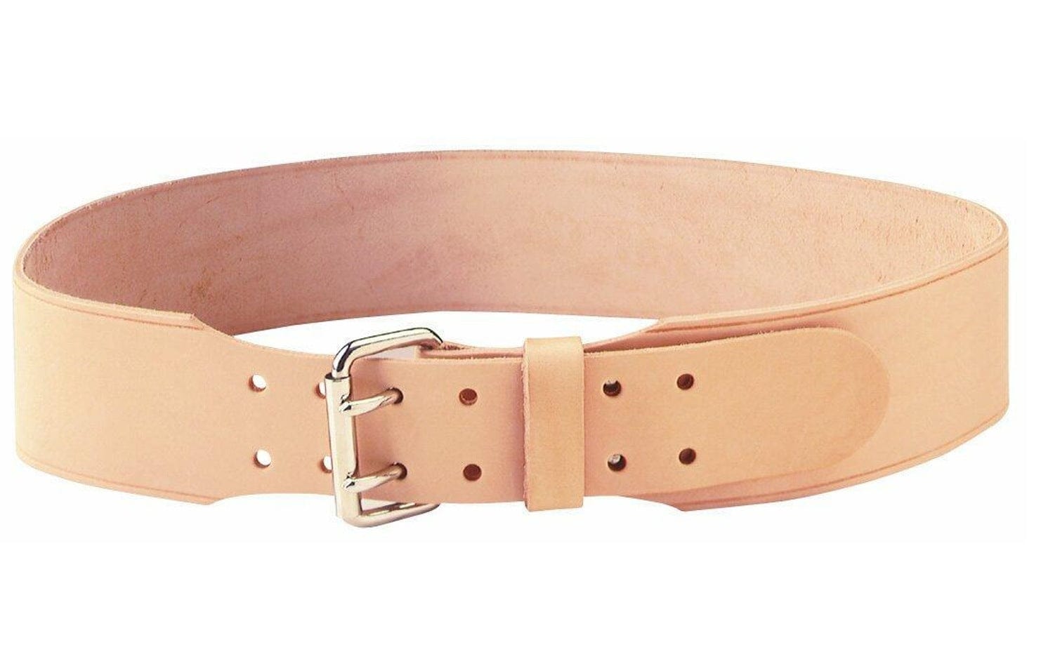 A Custom Leathercraft 962L tan top-grain leather work belt, showing the tapered front comfort design and steel double-tongue roller buckle.