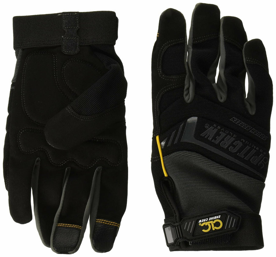 Pair of black and gray Custom Leathercraft Pit Crew mechanic's work gloves, one showing the synthetic leather palm side with reinforced sections, and the other showing the spandex back with the CLC logo on the wrist strap.