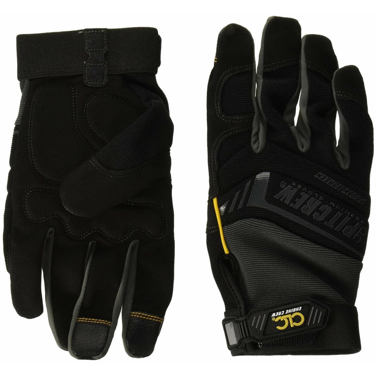 Pair of black and gray Custom Leathercraft Pit Crew mechanic's work gloves, one showing the synthetic leather palm side with reinforced sections, and the other showing the spandex back with the CLC logo on the wrist strap.