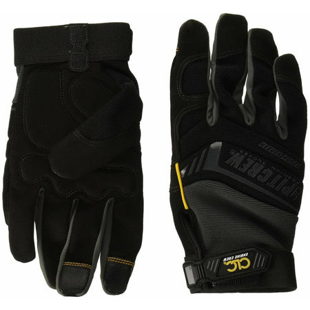Pair of black and gray Custom Leathercraft Pit Crew mechanic's work gloves, one showing the synthetic leather palm side with reinforced sections, and the other showing the spandex back with the CLC logo on the wrist strap.