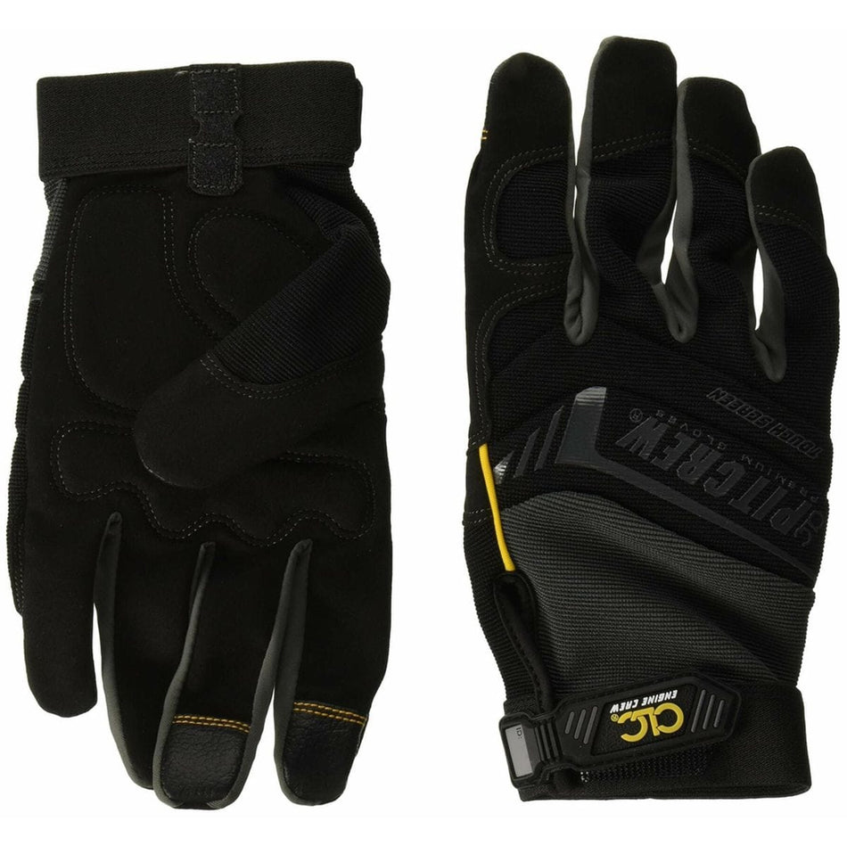 Pair of black and gray Custom Leathercraft Pit Crew mechanic's work gloves, one showing the synthetic leather palm side with reinforced sections, and the other showing the spandex back with the CLC logo on the wrist strap.