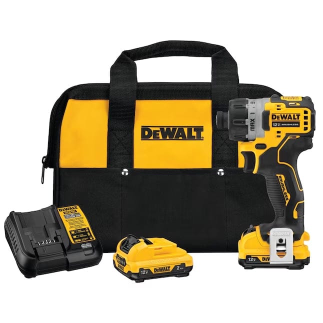 DeWALT 12V MAX cordless screwdriver kit with soft carrying bag, charger, and two 2Ah lithium-ion batteries. One battery is attached to the drill.