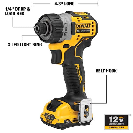 DeWALT 12V MAX brushless impact driver with 1/4 inch drop-and-load hex chuck, 3 LED light ring, and belt hook.