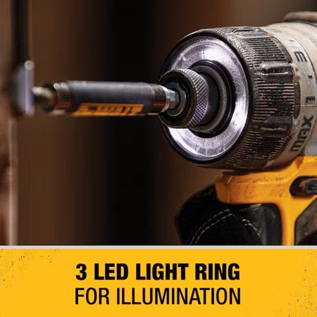 Close-up of DeWALT screwdriver chuck with three illuminated LED lights surrounding the bit. Caption highlights LED light ring feature.