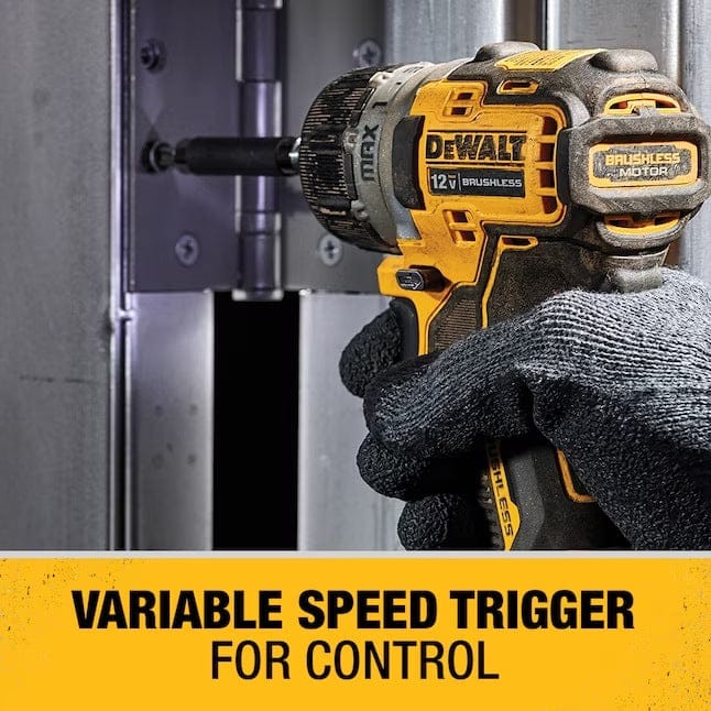 Gloved hand using DeWALT 12V brushless screwdriver to drive a screw into metal. Caption highlights variable speed trigger for control.