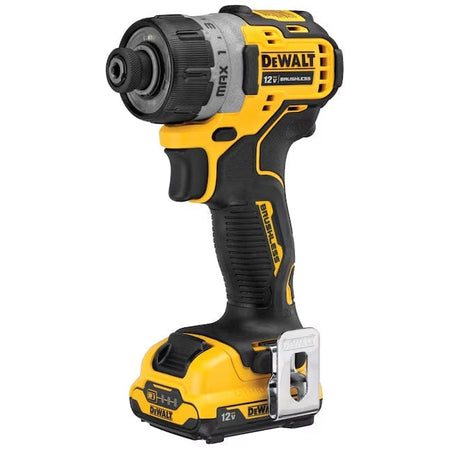 DeWALT 12V brushless impact driver with torque settings labeled MAX, 1, and 3. Includes belt clip and compact battery pack.