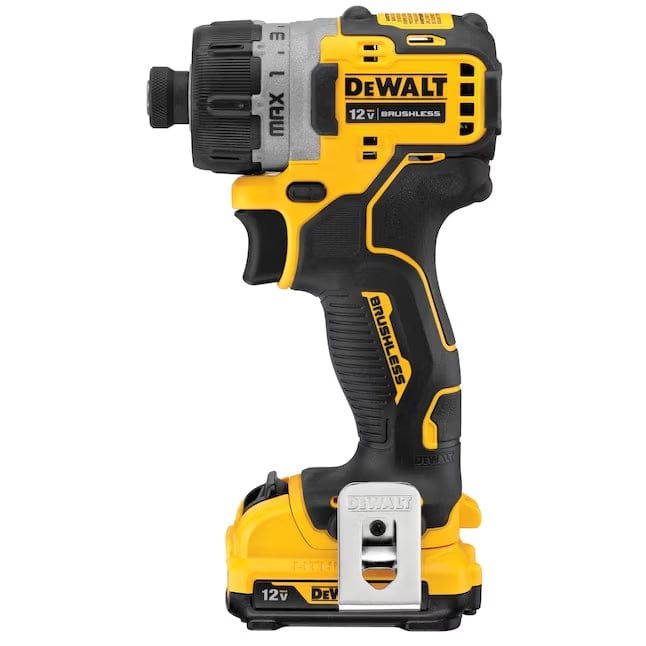 Close-up of DeWALT 12V MAX brushless screwdriver in use, driving a screw into wood. Gloved hand and tool branding visible.