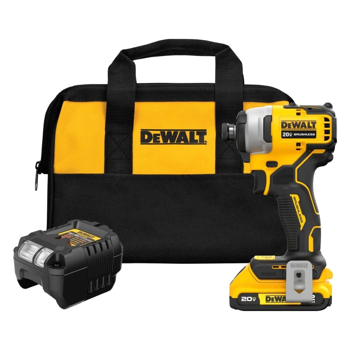 A product group shot featuring the Dewalt Atomic 20V MAX impact driver, a compact battery, a charger, and a black and yellow Dewalt contractor bag.