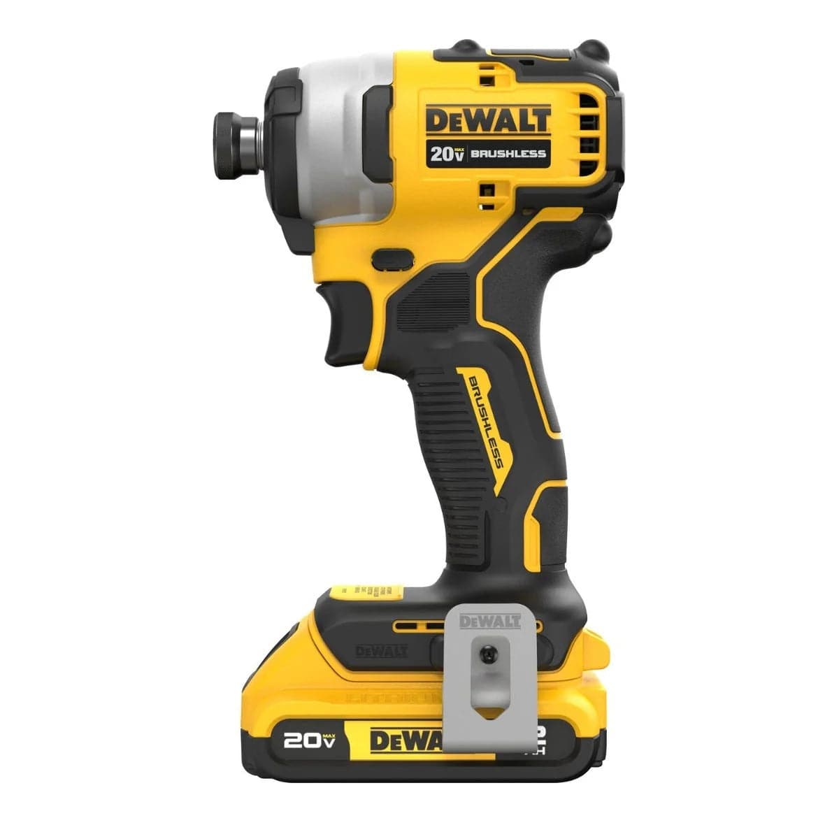 A side profile view of the compact Dewalt Atomic 20V MAX 1/4-inch brushless impact driver with a battery attached, showcasing its short 5.1-inch head length.